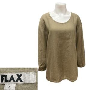 FLAX by Jeanne Engelhart Linen Top | Olive Green Long Sleeve Blouse | Large -